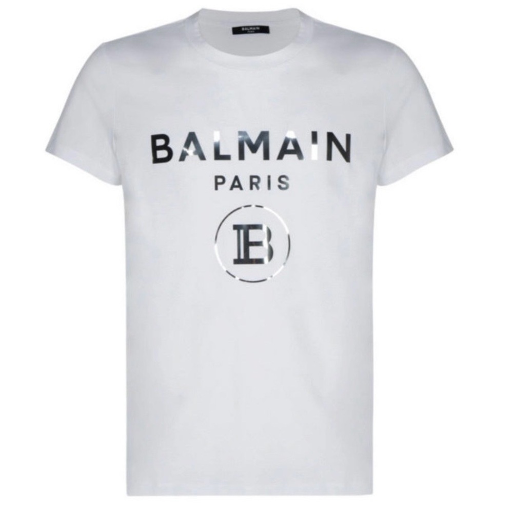Balmain Silver Logo Short Sleeve Tee Shirt Size L in Off-white 100% Cotton